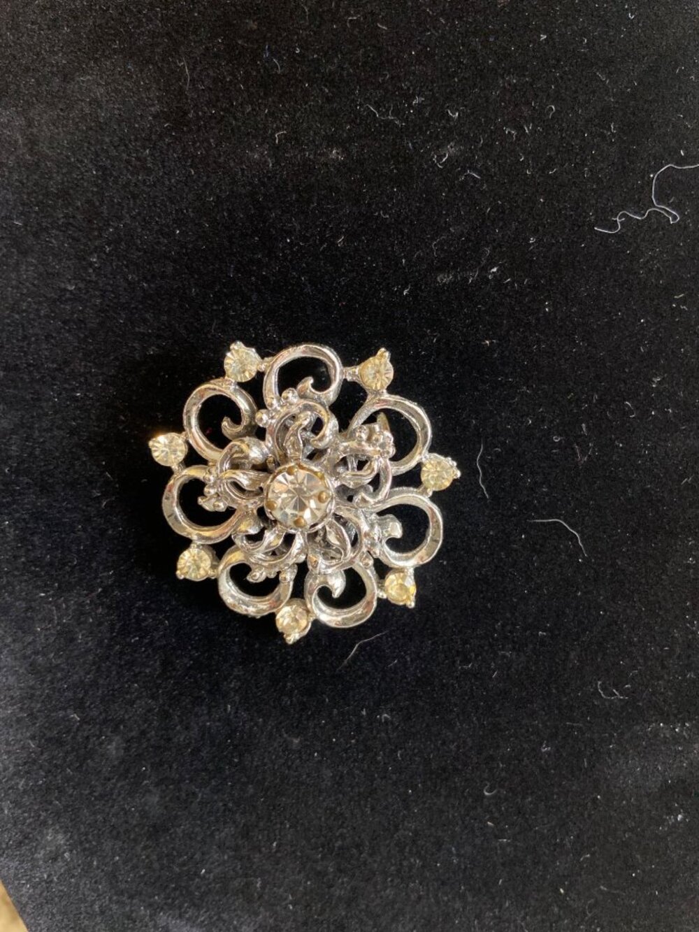 Silver Tone Clear Rhinestone Floral Brooch Scroll Filigree Bridal Glam Pin